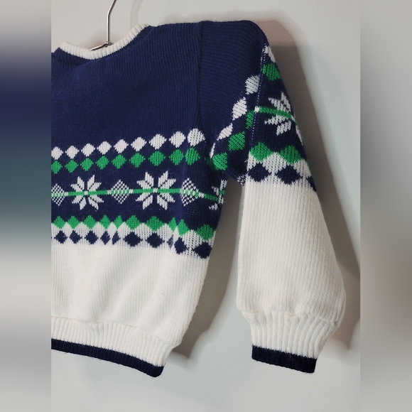 Vintage Retro 80s 90s Bull Frog Navy Blue Green White Snowflake Abstract Sweater - Picture 7 of 8